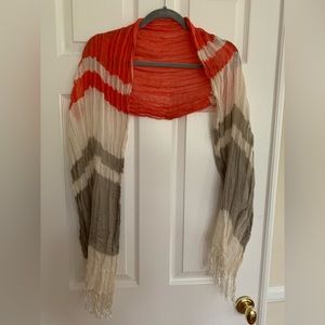 Gray Red White Striped Crinkled Cotton Scarf with Fringes